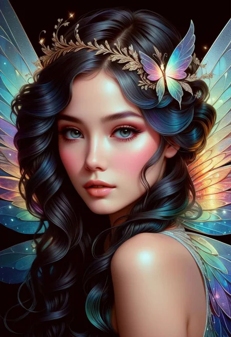 hyper detailed beautiful sugar fairy, coherent delicate face, wavy luxurious hair, intricate iridescent wings, on black velvet canvas, centered composition, rule of thirds, drop shadowed, art by charlie bowater, anna liwanag, tom wood, keith garvey