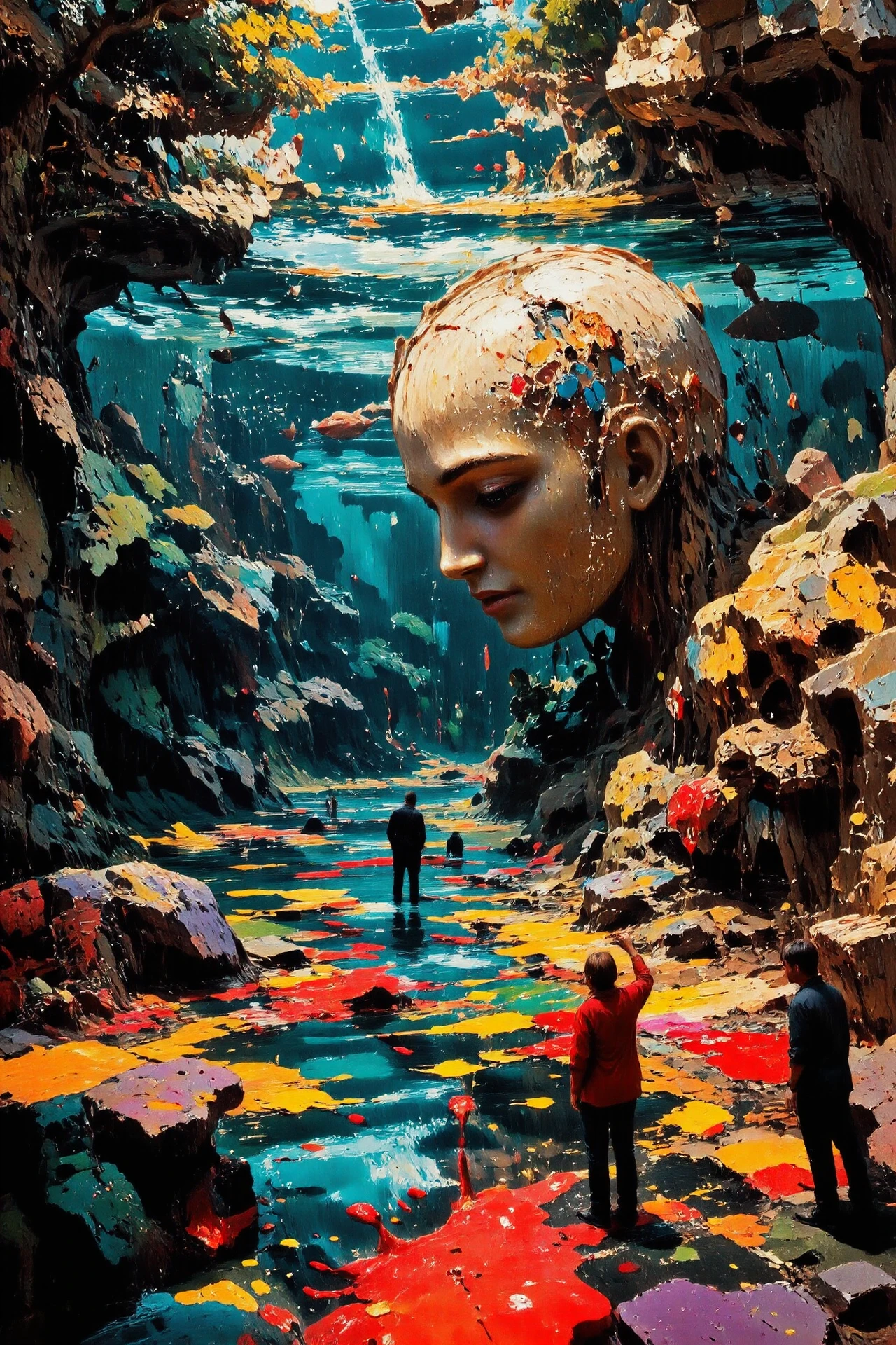people kissing a very big female head, aquarium, beautiful surreal landscape, paint stains in the water, vivid colors, colorful, multilayer paint splash style, <lora:Hand v2:1> <lora:Anti-Blur:1> <lora:Insane Detail Slider:0.5>   <lora:Flux.1_Turbo_Detailer:0.6>   <lora:flux-photo-transparent_Alpha_1.0:0.8> <lora:flux.1_lora_flyway_Epic-detail_v2:1>   <lora:Painterly01b_CE_FLUX_AIT:0.8> pntrlyCE_style <lora:PsykeV1:1>  <lora:VividlySurreal:1>
