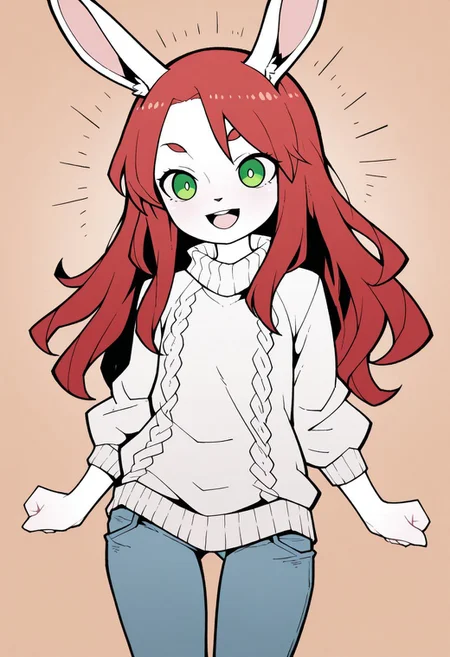 masterpiece,best quality,amazing quality, very aesthetic,rabbit girl,furry,red hair,white rabbit ear,solo,add detailed eyes,green eyes,dressed,happy,long hair,roll-up sweater,jeans,AkablStyle, AkablStyle, flat_color