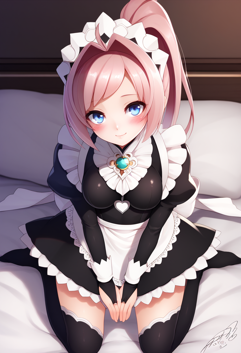 score_7_up BREAK 1girl, solo, <lora:jotti-artist-richy-v1_pdxl:1>  <lora:felicia-fe-richy-v1_xl:0.8> feliciadef, pink hair, ponytail, blue eyes, maid headdress, brooch, maid apron, black thighhighs, bridal gauntlets, kneeling, smile, looking at viewer, blush, breasts