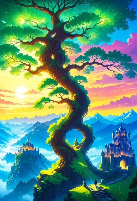 A greet giant tree in an epic landscape, a majestic castle on it's branch, fantasy, glow, 8k <lora:sss:1> <lora:Dreamyvibes artstyle SDXL - Trigger with dreamyvibes artstyle:1> Dreamyvibes Artstyle, Fantasy painting art style, imaginative, dynamic composition, professional-grade execution, creates immersive world and landscape, painterly, epic, magical
