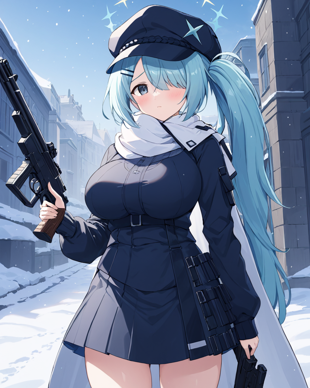 hiyori \(blue archive\),1girl, solo, hair_over_one_eye, cabbie_hat, hairclip, black_sweater, white_scarf, side_ponytail, outdoors, holding_gun, black_headwear, large_breasts, long_sleeves, parted_lips, blush, halo, looking_at_viewer, breath, shotgun, snowing, kneehighs, skirt
<lora:hiyori_(blue_archive)_image355_2023-11-27-000025:1>halo. gorgeous,key visual, vibrant, studio anime,award-winning, professional, highly detailed,high budget, cinemascope