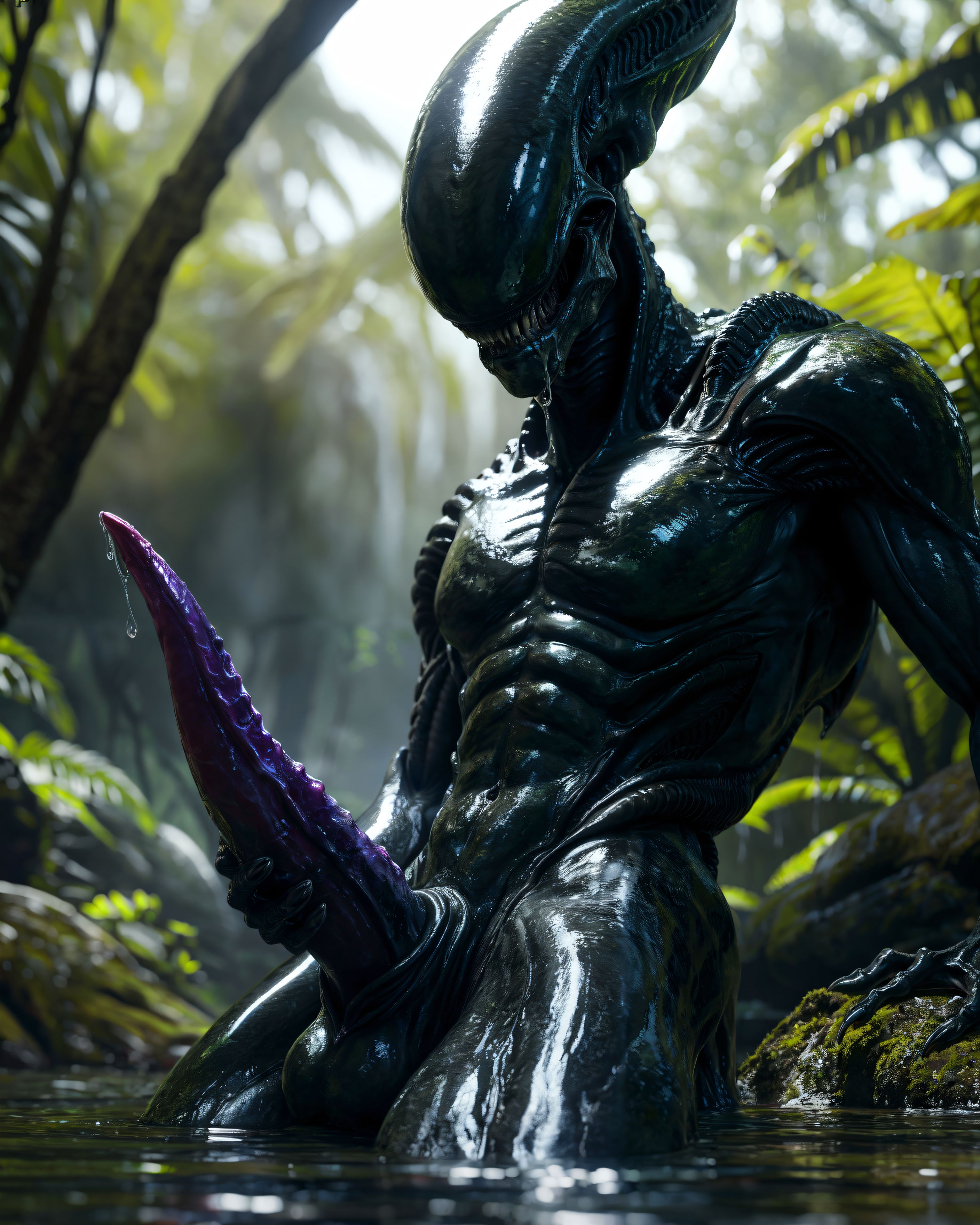 photo of male xenomorph alien with shiny slimy black skin bathing, xenophilia, tapering penis, glowing genitalia, erection, testicles,

hands on penis, deep skin, low-angle view, glistening body, predatory look, directed by james cameron, precum, (slime:0.5),

vignette, anamorphic lens, high dynamic range, color grading, camera flash, submerged, wet body, indirect lighting, jungle, dense foliage, lake, close-up,( slime:0.8), drooling, dominant,

detailed_background, photorealism, detailed skin, (subsurface scattering:1.1), real life, depth of field, caustics, fresnel, irl, ray tracing, render