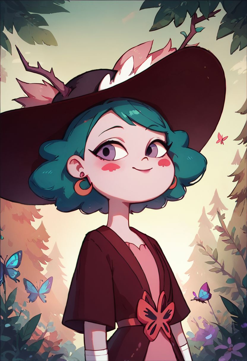 score_9, score_8_up, score_8, Eclipsa Butterfly, green hair, short hair, purple eyes, red moon earrings, red spade blush stickers, dark red sun hat with feathers and branch, white gloves, red cardigan with butterfly decoration, pink dress, 
upper body, smile, closed mouth, in woods, vivid colors,
