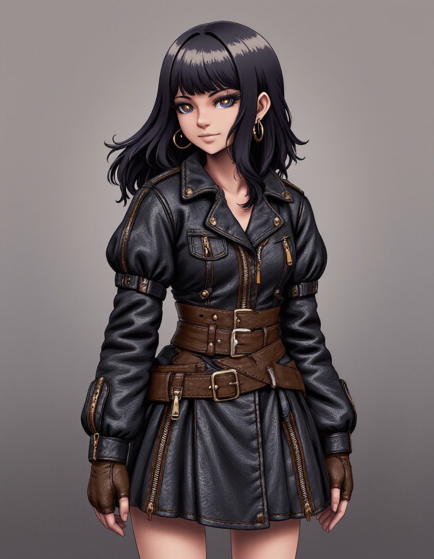 art by benangbaja, cute magical girl wearing puffy magical girl dress made of leather belts, leather belts and zippers, too many belts, excessive belts, too many zippers, magical girl dress styles like a leather JRPG protagonist outfit with too any zippers, (heels:0.3),, 1girl, perfectly flat chest, tiny perky tits, kdny_body_flux