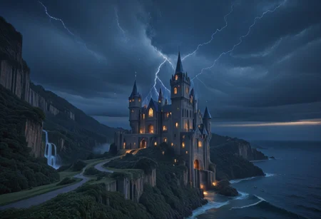 Stable_Yogis_PDXL_Positives, masterpiece,best quality,amazing quality,very aesthetic,high resolution,ultra-detailed,absurdres,newest, outdoors, mw01out, mwl01, castle, castle on the edge of a cliff, white walls, purple turrets, nighttime, night, thunderstorm in the distance, thunderclouds, overlooking the ocean, stormy