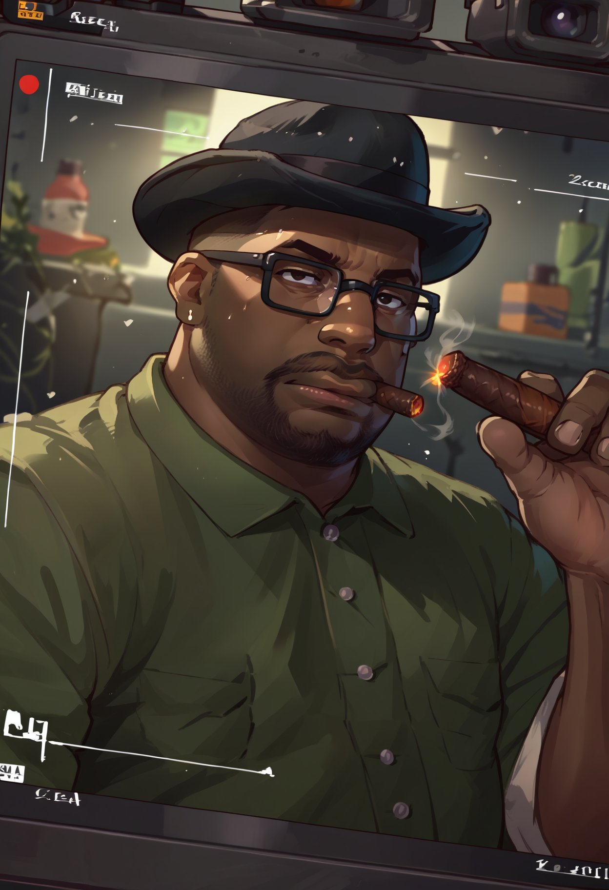 score_9, score_8_up, score_7_up, source_anime, 1boy, IncrsViewFinder, viewfinder, <lora:ViewfinderCamera_XLPD:1.15>, <lora:BigSmoke_XLPD:0.8> BigSmoke, black eyes, dark-skinned male, facial hair, glasses, black headwear, green shirt, cigar, holding cigarette,