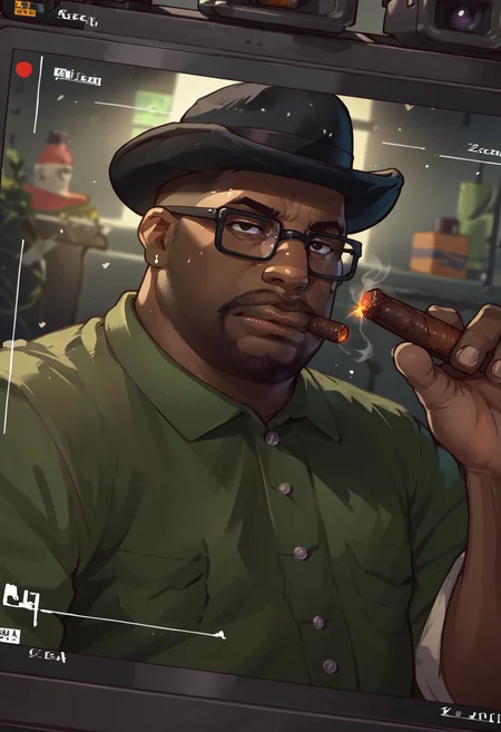 score_9, score_8_up, score_7_up, source_anime, 1boy, IncrsViewFinder, viewfinder, <lora:ViewfinderCamera_XLPD:1.15>, <lora:BigSmoke_XLPD:0.8> BigSmoke, black eyes, dark-skinned male, facial hair, glasses, black headwear, green shirt, cigar, holding cigarette,