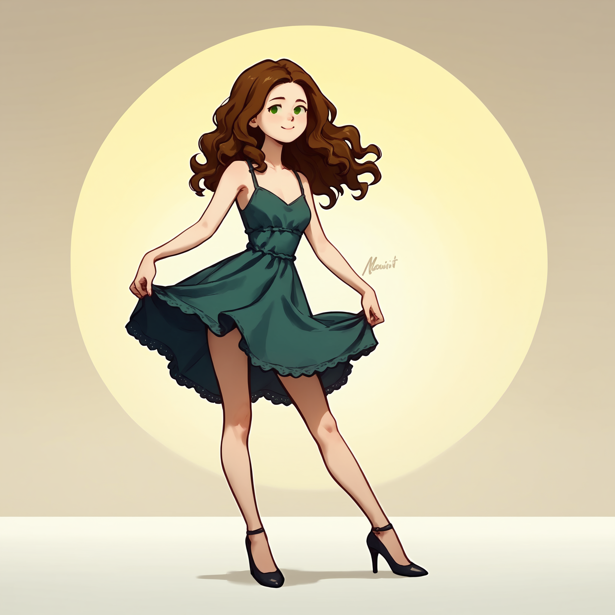 score_9, score_8_up, score_7_up, score_6_up, score_5_up, 1girl, solo, full body,
(source_cartoon),
<lora:Abigail (Storybooth):0.85>
Abigail_Storybooth, wavy hair, brown hair, green eyes, dot eyes,
dress, high heels,
detailed background,
<lora:Expressive_H:0.7> Expressiveh,
<lora:add-detail-xl:0.9>
<lora:light:1> neolight