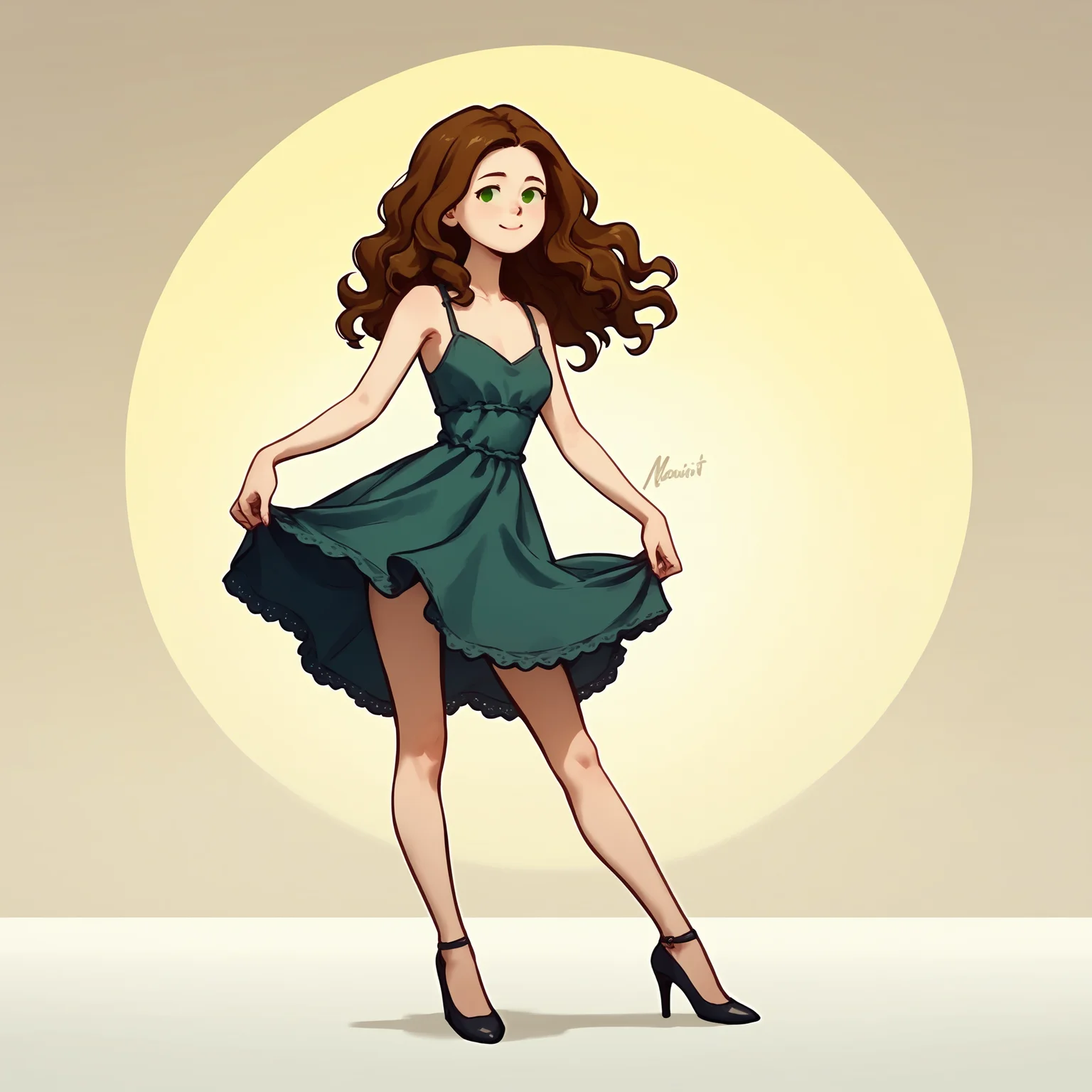 score_9, score_8_up, score_7_up, score_6_up, score_5_up, 1girl, solo, full body,
(source_cartoon),
<lora:Abigail (Storybooth):0.85>
Abigail_Storybooth, wavy hair, brown hair, green eyes, dot eyes,
dress, high heels,
detailed background,
<lora:Expressive_H:0.7> Expressiveh,
<lora:add-detail-xl:0.9>
<lora:light:1> neolight