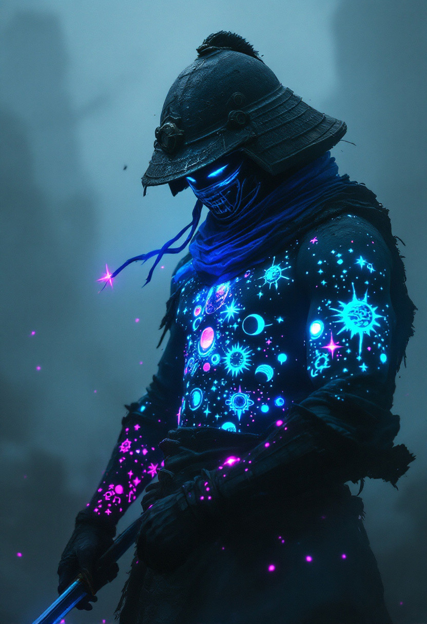 super head closeup, In this haunting scene, a silhouette of a samurai warrior emerges from the darkness, his form barely visible against the thick, fog-covered battlefield. His entire body is adorned with glowing, intricate tattoos of stars, planets, and cosmic patterns that pulse in vibrant neon hues of pink, blue, and green, casting an eerie glow that breaks through the suffocating fog. These cosmic tattoos shimmer across his skin, contrasting starkly with the ghostly, washed-out whites and grays that dominate the scene.
His weathered kabuto helmet, with a tattered blue scarf trailing behind, obscures his face, giving him an ominous, faceless presence. The tattoos across his arms and chest faintly illuminate his armor, now reduced to jagged silhouettes, blending into the swirling mists. His katana, once gleaming, now only reflects faint glints of light, catching the glow of his celestial tattoos as if drawing energy from a distant, dying star.
The once-vibrant haori he wears, now a shadowy echo of its former self, flows and twists in the mist, which seems almost alive, writhing violently around him. His sandals, hidden in the dark haze, make it seem as though he hovers above the ground, like a phantom suspended in the chaos. The entire scene bleeds with isolation and menace, the neon glow of his tattoos the only break from the overwhelming blackness,
