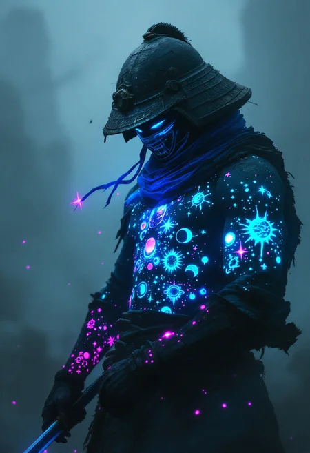 super head closeup, In this haunting scene, a silhouette of a samurai warrior emerges from the darkness, his form barely visible against the thick, fog-covered battlefield. His entire body is adorned with glowing, intricate tattoos of stars, planets, and cosmic patterns that pulse in vibrant neon hues of pink, blue, and green, casting an eerie glow that breaks through the suffocating fog. These cosmic tattoos shimmer across his skin, contrasting starkly with the ghostly, washed-out whites and grays that dominate the scene.
His weathered kabuto helmet, with a tattered blue scarf trailing behind, obscures his face, giving him an ominous, faceless presence. The tattoos across his arms and chest faintly illuminate his armor, now reduced to jagged silhouettes, blending into the swirling mists. His katana, once gleaming, now only reflects faint glints of light, catching the glow of his celestial tattoos as if drawing energy from a distant, dying star.
The once-vibrant haori he wears, now a shadowy echo of its former self, flows and twists in the mist, which seems almost alive, writhing violently around him. His sandals, hidden in the dark haze, make it seem as though he hovers above the ground, like a phantom suspended in the chaos. The entire scene bleeds with isolation and menace, the neon glow of his tattoos the only break from the overwhelming blackness,