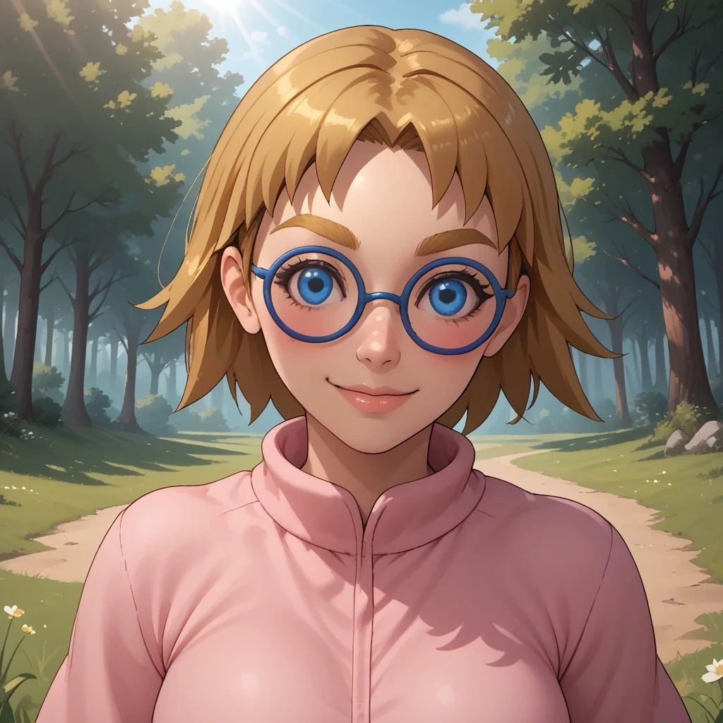 score_9, score_8, BREAK, solo, wii, mii, wii sports resort, dark blonde hair, short hair, dark blonde eyebrows, blue eyes, blue glasses, blush, pink clothing, white pants, sandals, cute, female mii, 1girl, Nintendo Mii, modern_mii, classic_mii, dot eyes, Siobhán_(\Wii_Sports_Resort\), breasts, sexy pose, self portrait, smile, outdoors, sunlight, shadows, evening lighting, natural lighting, forest, trees, grass, orange sky, sunset