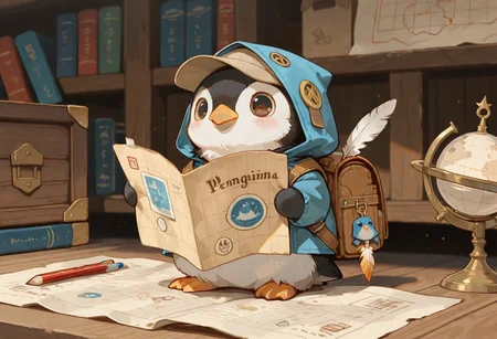 masterpiece, newest, absurdres, incredibly absurdres, best quality, amazing quality, very aesthetic, newest, no lineart, no outline, no humans, animal, A full-body portrait of a cute baby penguin dressed as a little traveler, with fluffy feathers and big round eyes, wearing a miniature hooded cloak and a small explorer's cap. The penguin is holding a large map almost as big as itself, and has a tiny backpack filled with rolled-up maps, pencils, and other exploration tools. A tiny globe-shaped charm dangles from the map. The penguin stands on a rocky surface with a curious and determined expression, ready for an adventure,
depth of field, usnr, S4bit4mago_illu