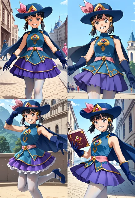 __femalePosesWildcard400_v10/female-poses__,  evil grin,  outdoors, 1girl, <lora:DawnPony:1> Dawn_Syg, short hair, black hair, grey eyes, sidelocks, pink bow, blue hat, hair ornament, cape, blue shirt, sleeveless, golden brooch, red gem, pink belt,  blue gloves, blue skirt, white pantyhose, blue footwear,