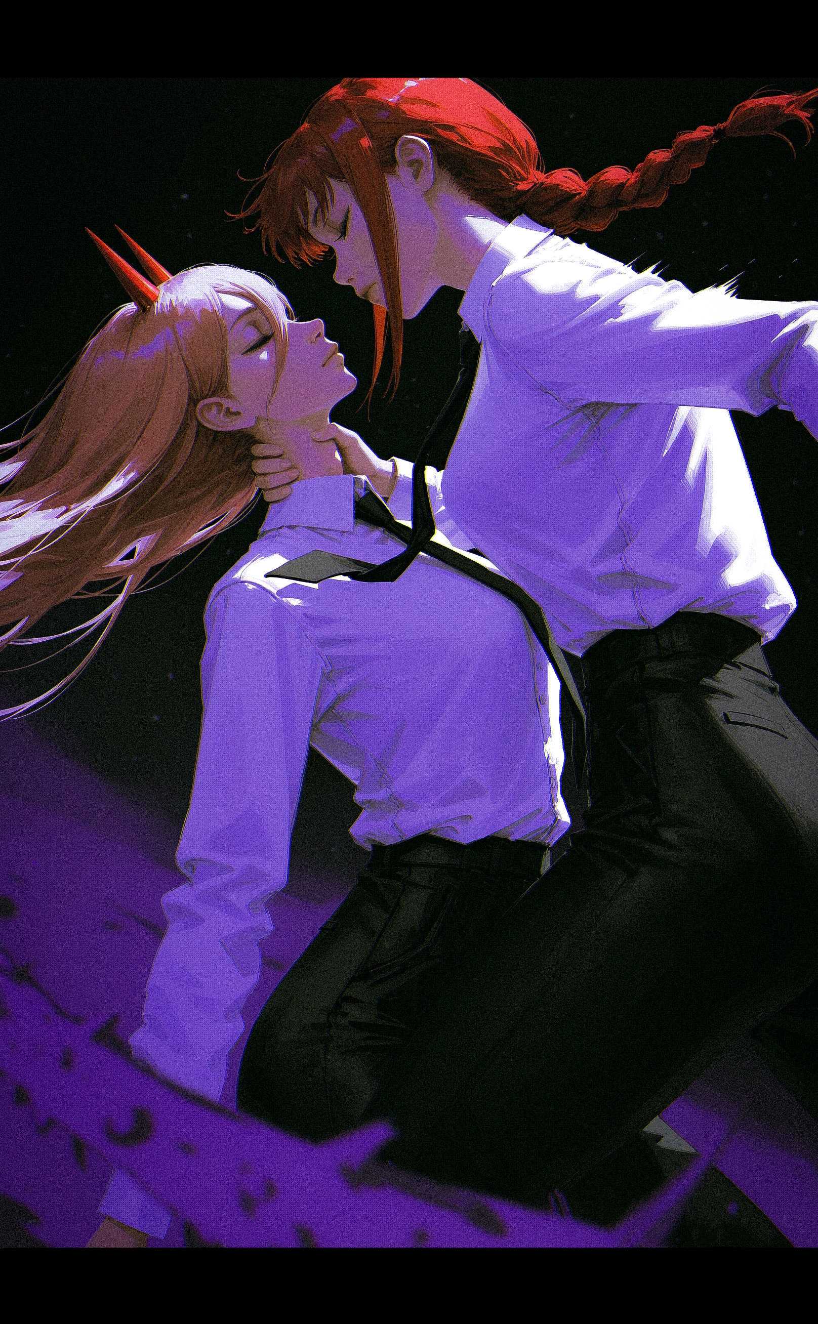 96yottea, realistic, narue,  kan liu \(666k\),  realistic, profile,   floating hair, blurry motion, in motion, dynamic, 
2girls, grabbing another's neck, makima \(chainsaw man\), power \(chainsaw man\),  expressionless, closed mouth, closed eyes, looking at another, white shirt, black pants, formal clothes,  
black background, dark theme, limited palette, red theme, blue theme, purple theme, blending, blending background, asphyxiation, 
depth of field, blurry background, blurry foreground, dutch angle, 
<lora:nhl-001-20:0.4> nhl-001,
<lora:nhl-002-nai:0.4>  nhl-002,
<lora:nhl-003:0.55>  nhl-003, 
very aesthetic, amazing quality, best quality, masterpiece,