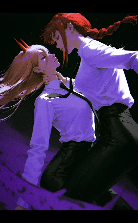 96yottea, realistic, narue, kan liu \(666k\), realistic, profile, floating hair, blurry motion, in motion, dynamic,
2girls, grabbing another's neck, makima \(chainsaw man\), power \(chainsaw man\), expressionless, closed mouth, closed eyes, looking at another, white shirt, black pants, formal clothes,
black background, dark theme, limited palette, red theme, blue theme, purple theme, blending, blending background, asphyxiation,
depth of field, blurry background, blurry foreground, dutch angle,
<lora:nhl-001-20:0.4> nhl-001,
<lora:nhl-002-nai:0.4> nhl-002,
<lora:nhl-003:0.55> nhl-003,
very aesthetic, amazing quality, best quality, masterpiece,