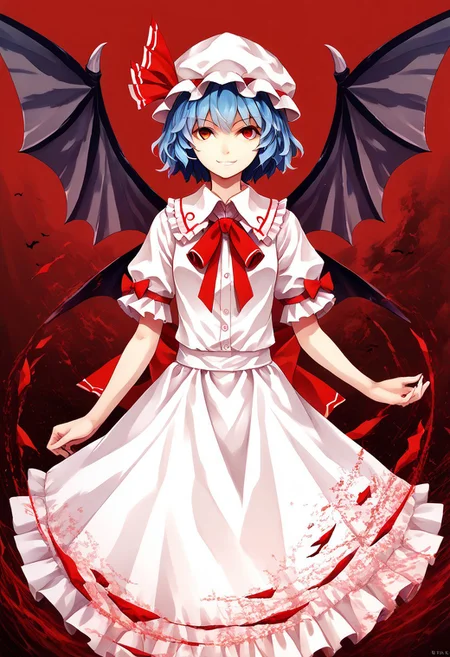 score_9, score_8_up, score_7_up, score_6_up, score_5_up, score_4_up, source_anime, solo, 1girl, 
r3mil1a_sc4rlet, hat, red eyes, blue hair, wings, smile, short hair, bat wings, ribbon, short sleeves, mob cap, 
masterpiece, best quality, very aesthetic, absurdres,