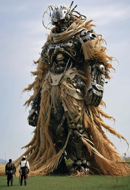 Create a extrahart, mystical, and high-resolution image of an Colossus female humanoid robot resembling a titan scarecrow made of straw, with intricate mechanical components with outworn translucent white linen cape. The character should be depicted in a manga cover style with wealthy portraiture and poster art elements. The image should feature rich colors and high contrast, focusing on the best quality, official art, and a beautiful and aesthetic appearance. wired-cyborg, half the face is made of wires and cables and translucent hoses. Use a movie perspective and an advertising style, similar to a magazine cover. The cyborg samurai should be shown solo, wearing flamboyant clothes and armor, holding a sheathed katana, and standing in a cowboy shot pose. The robot should have neon green and yellow hip-hop clothes, tattoos, muscular abs, shoulder armor, and dry flower meadow in the background. Emphasize a samurai theme with a natural background and a flying Flock of crows.