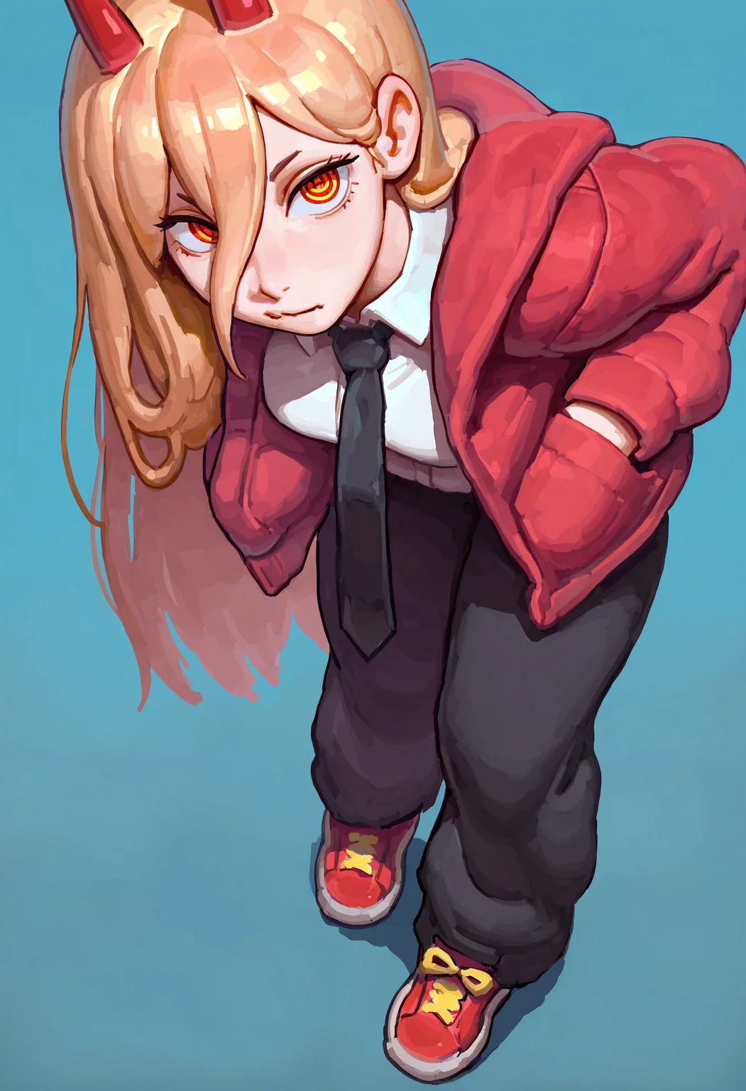 masterpiece, best quality, absurdres, highres, 1girl, black necktie, necktie, solo, long hair, horns, red eyes, shirt, jacket, white shirt, pants, black pants, red footwear, collared shirt, shoes, blonde hair, blue background, simple background, power \(chainsaw man\), hands in pockets, facing viewer, looking at viewer, ringed eyes, leaning forward, close-up, red jacket, from above, upturned eyes,
<lora:gumdrops_ill:1>