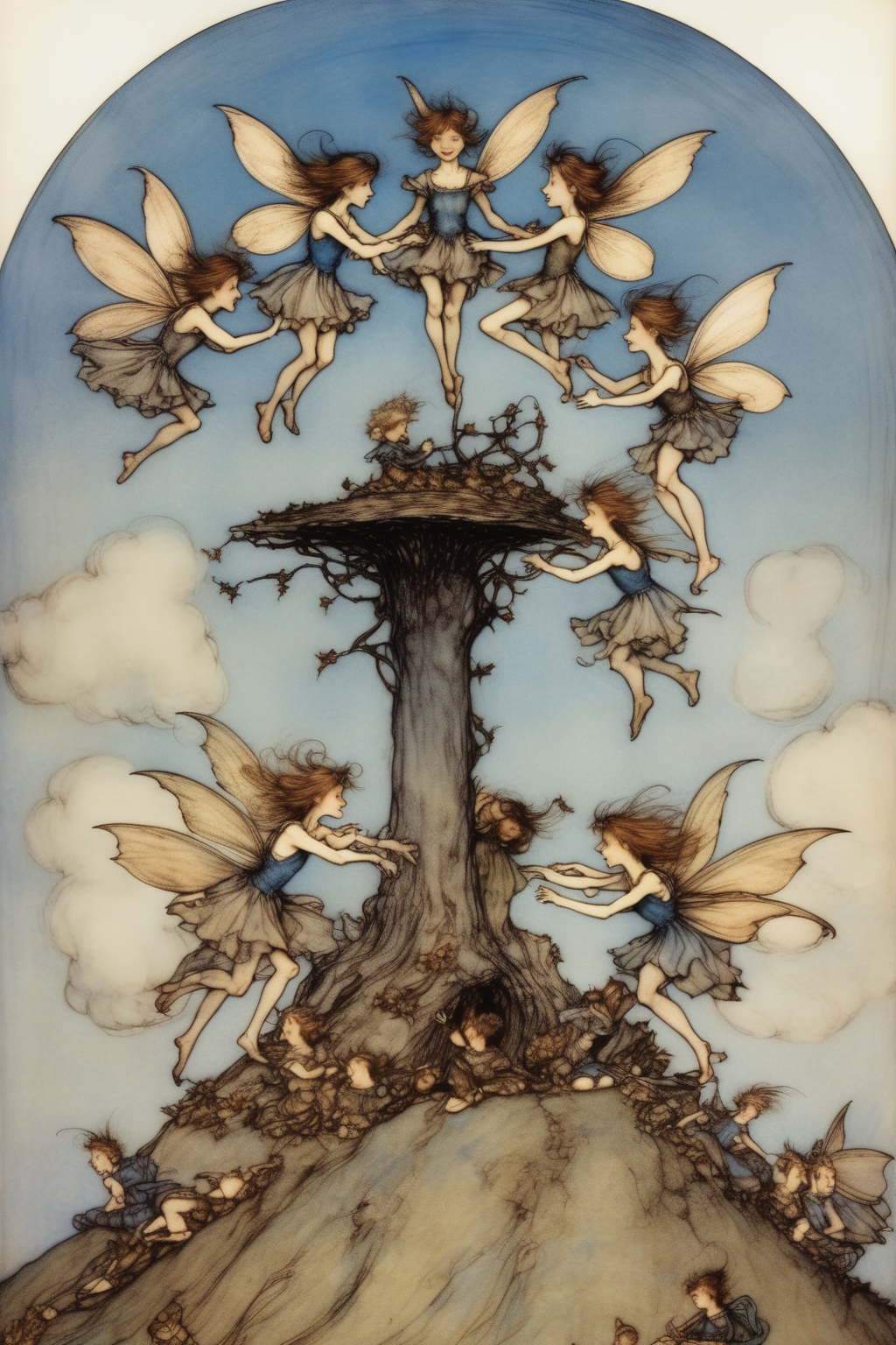 <lora:Richard Dadd Style:1>by Richard Dadd Style - fairies dancing in a circle on top of a hill with a blue sky Arthur Rackham style