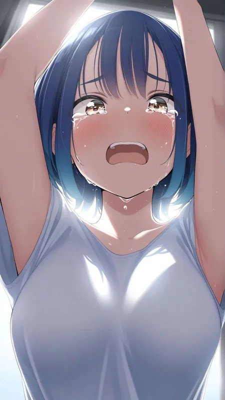 masterpiece, amazing quality, best quality, Smooth Quality, inami umimi, aitsu no kanojo, 1girl, medium breasts, blue hair, crying, brown eyes, looking down, upper body, from below, shirt, short hair, open mouth, bangs, <lora:inami_umimi_aitsu_no_kanojo-illustrious-v-1:0.85>