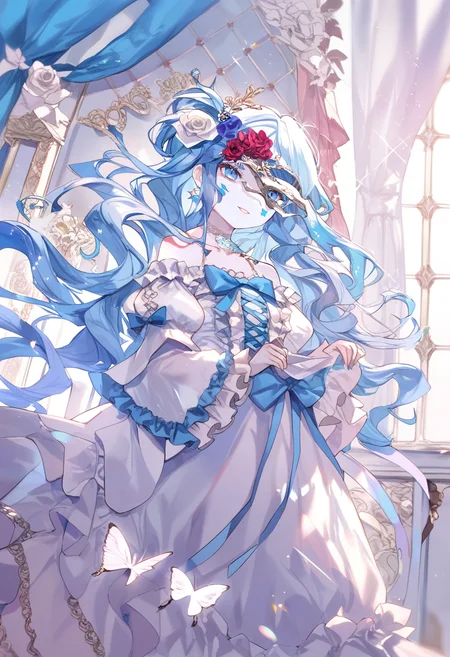 score_9, score_8_up, score_7_up, score_6_up, <lora:oninekoXL_TPN55_lokr_V43P1:0.95> 1girl, dress, long hair, solo, white dress, flower, blue eyes, blue hair, hair ornament, hair flower, bug, rose, jewelry, curtains, frills, butterfly, puffy sleeves, window, off-shoulder dress, bare shoulders, dress flower, looking at viewer, skeleton, earrings, skirt hold, blue flower, frilled dress, off shoulder, ribbon, bow, floating hair, indoors, blue ribbon, long sleeves, parted lips, album cover, mask, white flower, blue bow, blue rose, short sleeves, white rose, facial mark, choker, frilled sleeves, wavy hair, very long hair, star \(symbol\), wide sleeves, sparkle