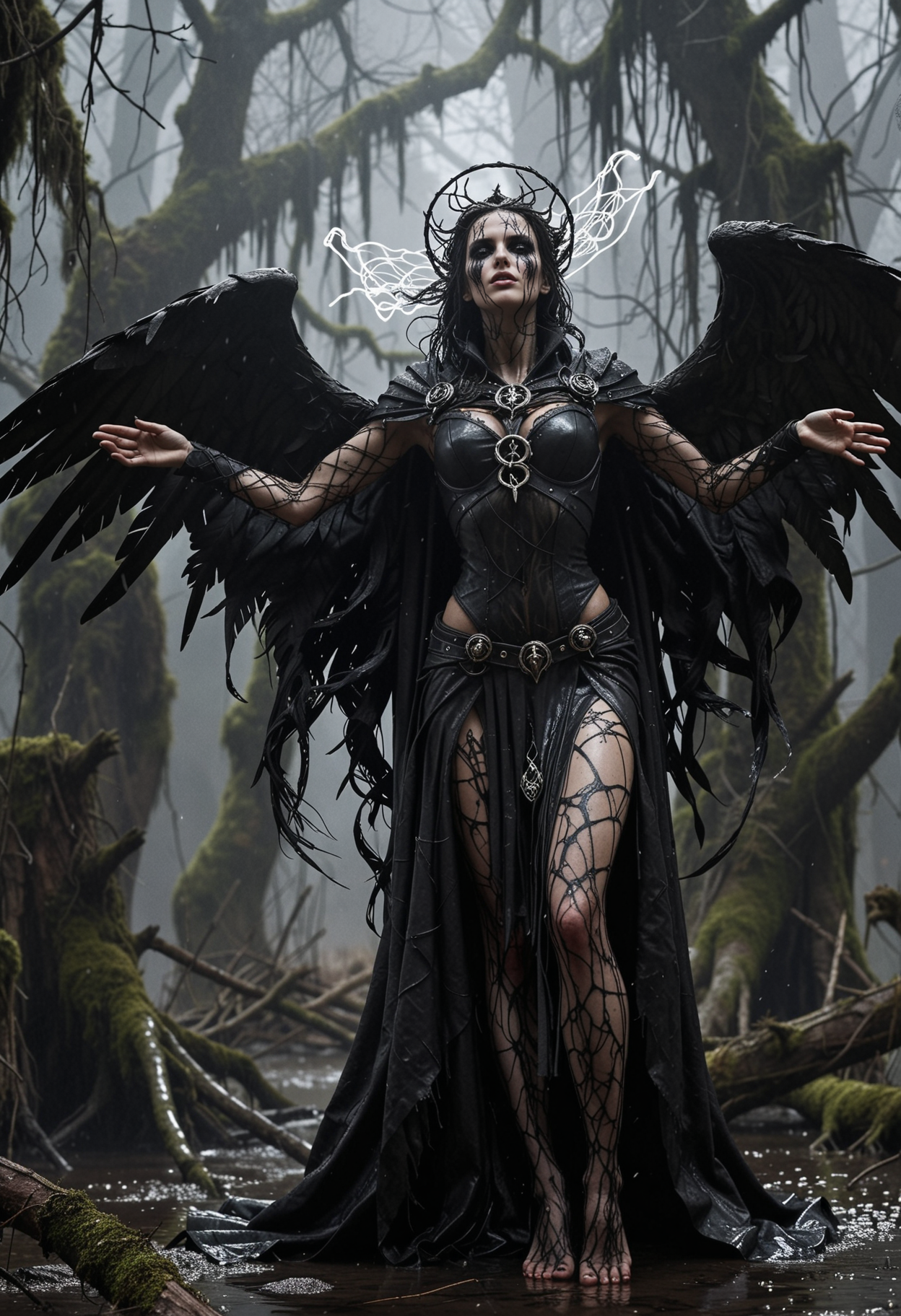 full-body image illustrating slim female wraith invoking a howling gust of wind. Her head is crowned by an enchanted angelic halo, dressed in cursed leather rogue shroud with fishnet elements. Set in an ominous swamp environment during a chaotic frozen ink hail, scattered stelae, haunting atmosphere. With artificial backlighting, intricate details, authentic, grimdark beauty, dynamic angle   <lora:dmd2_sdxl_4step_lora>