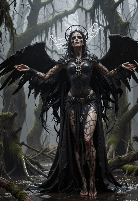 full-body image illustrating slim female wraith invoking a howling gust of wind. Her head is crowned by an enchanted angelic halo, dressed in cursed leather rogue shroud with fishnet elements. Set in an ominous swamp environment during a chaotic frozen ink hail, scattered stelae, haunting atmosphere. With artificial backlighting, intricate details, authentic, grimdark beauty, dynamic angle   <lora:dmd2_sdxl_4step_lora>