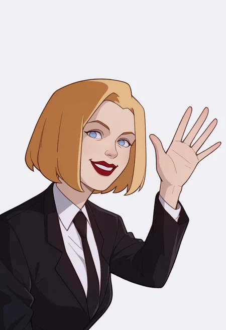 score_9, score_8_up, score_7_up, score_6_up, score_5_up, score_4_up, BREAK,
1girl, agentl, blonde hair, short hair, blue eyes, red lips, makeup,
black jacket, formal, suit, necktie, white shirt,
waving, upper body, smile, looking at viewer, solo, simple background, white background <lora:AgentLXL:1>