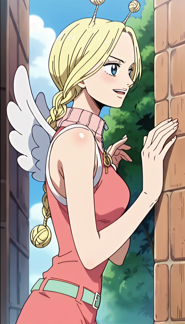 score_9, score_8_up, score_7_up, score_6_up, score_5_up, score_4_up, 1girl, conis, wings, blonde hair, antenna hair, twin braids, blue eyes, pink dress, turtleneck, green belt, from side, opanimeart, <lora:Conis_v2:0.8>
