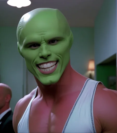 an extremely sexy muscular bald handsome attractive man with a (((green head))), a green model face, strong jawline, wide shoulders, handsome detailed bright eyes and huge beautiful white teeth in a room a night, huge white teeth and a green model face, highly detailed, best quality <lora:1990's The Mask 1994 style xl v1:1.5> 1990's
solo, looking at viewer, smile, grin, high budget,  cinemascope, moody, epic, gorgeous