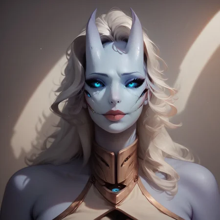 safe_pos, ,score_9, score_8_up, score_7_up, score_6_up, score_5_up, score_4_up, ,Zamite, four eyes, horns,concept art, realistic, Expressiveh, high quality, high resolution, detailed body, large breasts,, showing on secret oasis, blue skin, long hair, milfication,mature female,milf, secret oasis