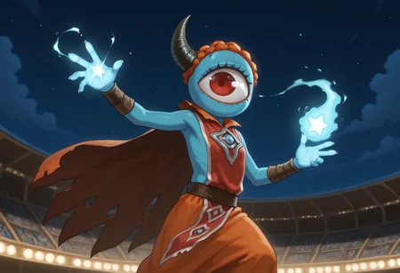 best quality, amazing quality, absurdres, newest, masterpiece, 1girl, flat chest, ZndrspltMTG, Single Horn, solo, short, midget, homunculus, one-eyed, cyclops, cape, tabard, waistcloth, headband, blue skin:1.2, nighttime, arena, wristbands, mouthless, red eye, depth of field, glowing fingertip, magic, stars <lora:Zndrsplt_Eye_of_Wisdom_Magic_the_Gathering:1>  <lora:NOOB_vp1_detailer_by_volnovik_v1:1>