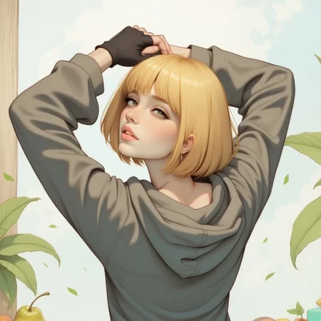vantablack, OBxiaoxiang
solo, overflow, hoodie, dress lift, shoulder tattoo, looking up, bdsm, shirt, outdoors, female pubic hair, smile, collar, fruit, tanlines, blonde hair, kneeling, blurry background, window, gift, arms up, elbow gloves, looking back, bob cut, pool, bangs, from behind, brown eyes