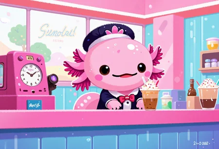 pikaole of, axolotl barista, in a retro diner, making milkshakes and coffee, wearing a retro uniform, nostalgic and fun setting, the axolotls have pink frilly gills and round black eyes