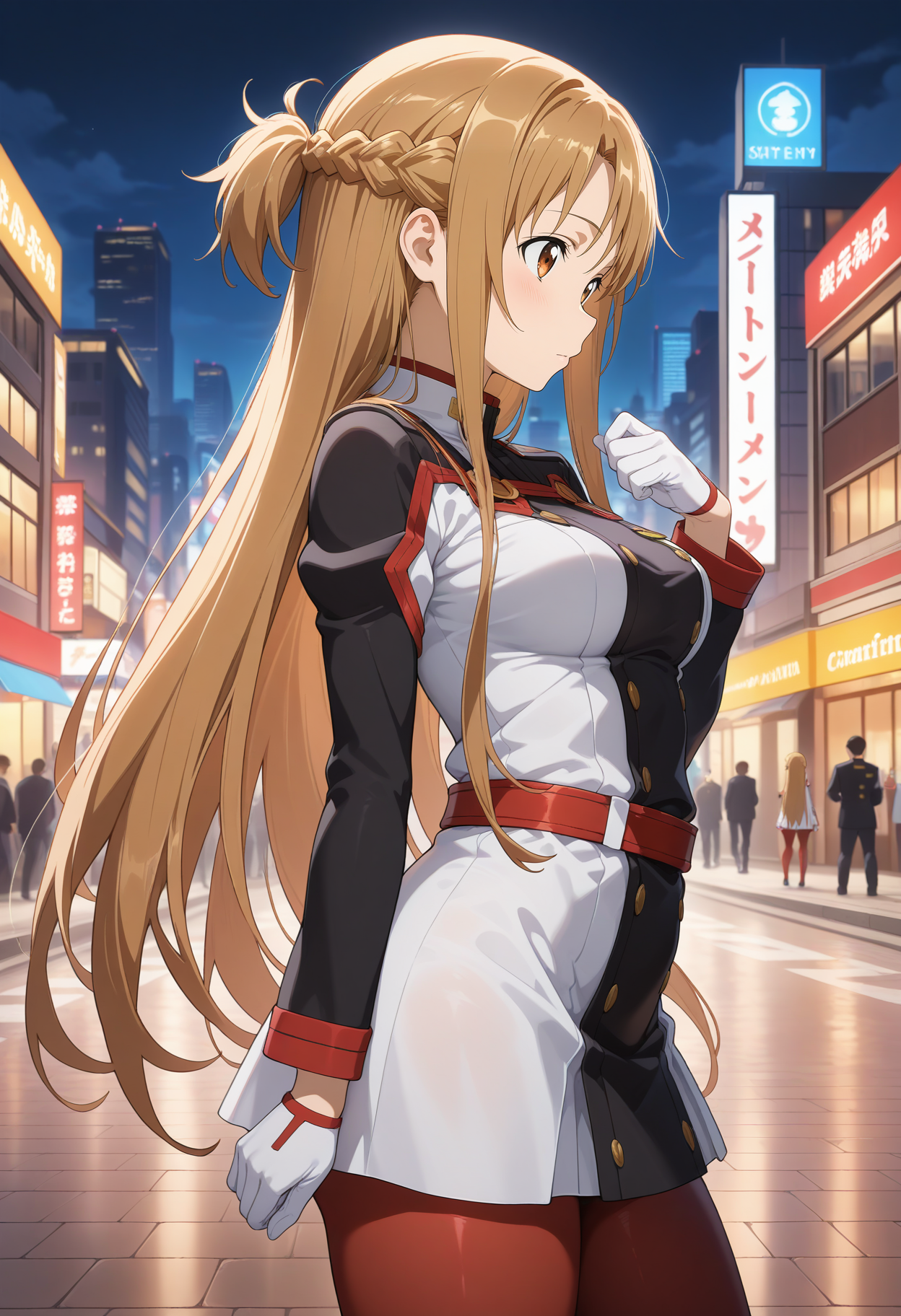best quality, good quality, amazing quality, very aesthetic, absurdres, masterpiece, 1girl, aaasuna, long hair, brown hair, braid, brown eyes, medium breasts, uniform, white dress, long sleeves, black sleeves, white gloves, red belt, red pantyhose, <lora:yuuki_asuna_ilxl_v1:0.9>, standing, cowboy shot, city, night, street, from side,