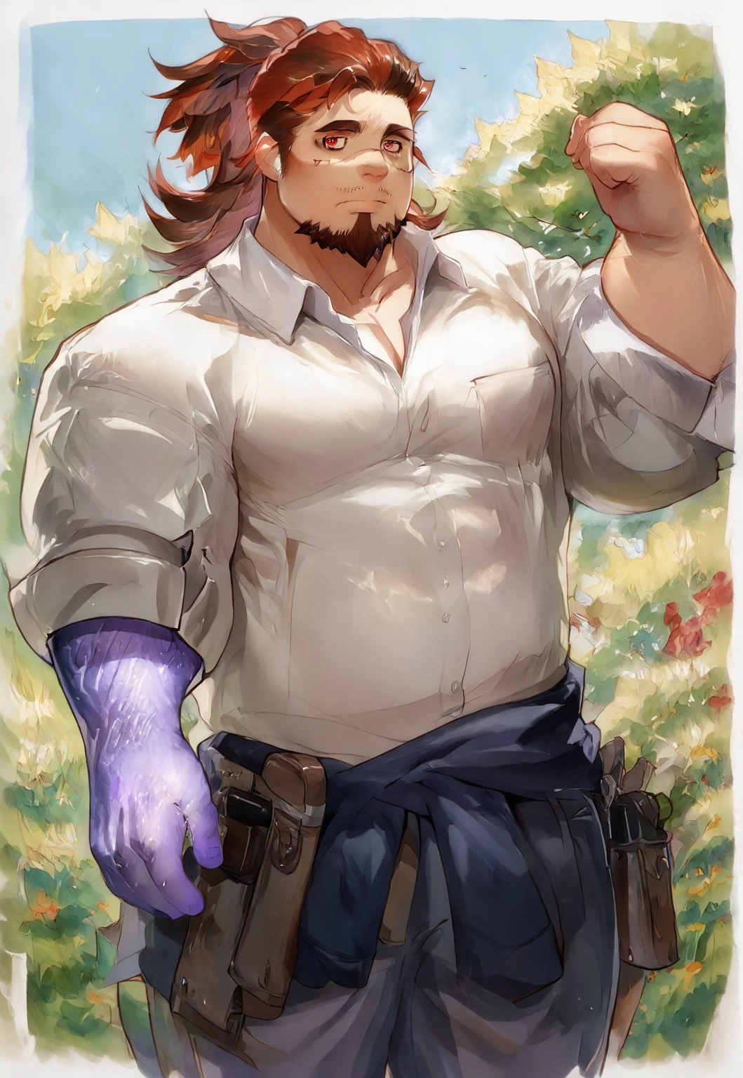 safe_pos, safe_pos, score_9, score_8_up,score_7_up, score_6_up, high quality, high detail, best quality, watercolor \(medium\), traditional media, male, gay, ZombieHK, BoogeymanTAS, bara, musclegut, brown hair, multicolored hair, two-tone hair, long hair, ponytail, ponytail hair, undercut, thin mustache, facial hair, goatee, red eyes, tired eyes, eyebags, face scar, scar across nose, purple right arm, magical right arm, side view, from side, close-up, closeup, thick thighs, bending over, ((pants, clothes, short sleeves, rolled up sleeves, rolled-up sleeves)), clothed, standing, feet out of frame, simple background, ((looking at viewer))