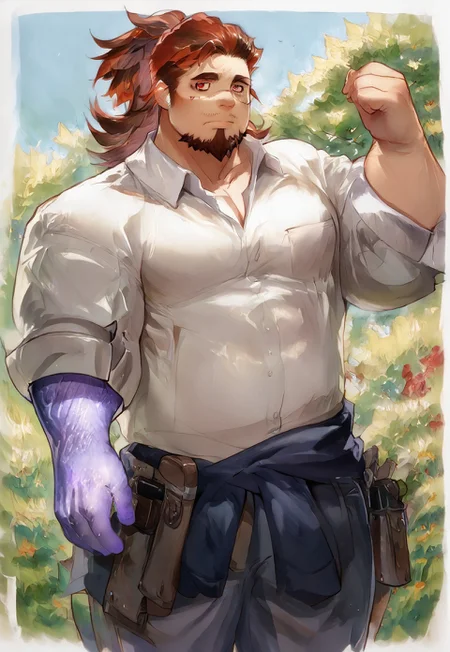 safe_pos, safe_pos, score_9, score_8_up,score_7_up, score_6_up, high quality, high detail, best quality, watercolor \(medium\), traditional media, male, gay, ZombieHK, BoogeymanTAS, bara, musclegut, brown hair, multicolored hair, two-tone hair, long hair, ponytail, ponytail hair, undercut, thin mustache, facial hair, goatee, red eyes, tired eyes, eyebags, face scar, scar across nose, purple right arm, magical right arm, side view, from side, close-up, closeup, thick thighs, bending over, ((pants, clothes, short sleeves, rolled up sleeves, rolled-up sleeves)), clothed, standing, feet out of frame, simple background, ((looking at viewer))
