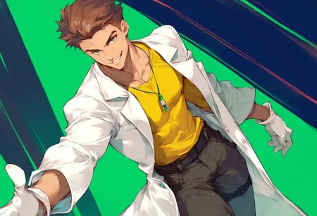 score_9, score_8_up, score_7_up, score_6_up, source_anime, uncensored, source_anime, solo, male focus, 1boy, handsome, lean physique, yellow shirt, white labcoat, white gloves, black cargo pants, scientist, SuperShortHair, brown hair, slick back hair, green background, looking at viewer, evil grin, standing, half body, dutch angle, dynamic scene, Expressiveh, negative_hand, easynegative