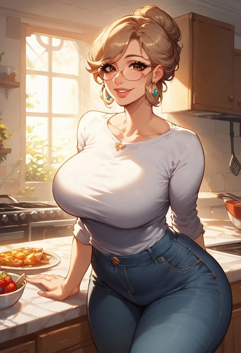 score_9, score_8_up, score_7_up, Expressiveh, high quality, masterpiece, 1woman, older woman, mom, mommy, motherly, mother, full lips, pretty face, long hair, hair bun, updo, long bangs, asymmetric bangs, light brown hair, brown eyes, large natural breasts, wide hips, plump, soft, rimless glasses, large teardrop earrings, long eyelashes, plain shirt, mom jeans, kitchen, morning, soft lighting, volumetric lighting, smile, happy,