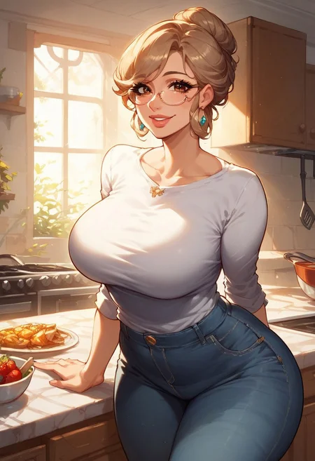 score_9, score_8_up, score_7_up, Expressiveh, high quality, masterpiece, 1woman, older woman, mom, mommy, motherly, mother, full lips, pretty face, long hair, hair bun, updo, long bangs, asymmetric bangs, light brown hair, brown eyes, large natural breasts, wide hips, plump, soft, rimless glasses, large teardrop earrings, long eyelashes, plain shirt, mom jeans, kitchen, morning, soft lighting, volumetric lighting, smile, happy,