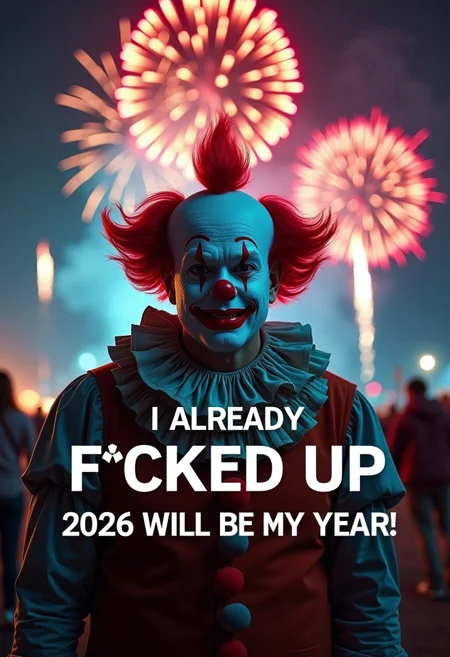 "'I already F*cked Up - 2026 Will Be My Year!' appears in bold white text at the center of the image, overlaying a melancholic scene of a clown in full makeup. The clown’s painted smile contrasts sharply with their forlorn, jaded expression, capturing a bittersweet sense of failure and resolve. They stand beneath a vibrant night sky, where colorful fireworks explode in celebration, providing a stark contrast to the clown’s introspective mood. The clean, bold font of the text emphasizes the humor and tragedy of the moment, blending fleeting joy with personal despair."