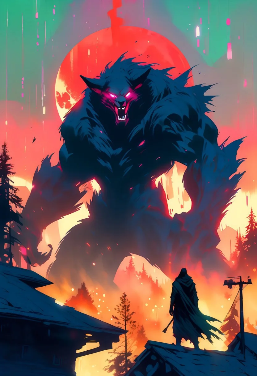 score_9, score_8_up, score_8_up, ((Cinematic composition)),((masterpiece)), (resplendent highlighting), 8k. 
a giant werewolf howling with claws outstretched  summons evil monstrous glowing dire wolves. He towers over the cottage and forest.
The background is a moonlit night sky, with a large, full moon casting an eerie glow over the scene. Undead are emerging from the shadows. 
 Charcoal and colourful oil pastels. Deep dark blacks. impressionistic bidimensional, standing on a rooftop looking down at a city under siege, fires, gunfights, people running. (Parts of the city are on fire) night time. Eerie green Fires illuminate dark parts of the city. A building explodes in the background. Broken moon in the night sky.
faded watercolours (Klimt :1.2) dadaistic collage (by Bill Sienkiewicz:1.5), strikingly alluring face. brilliant spotlight effect. Vibrant thick dripping paint. Intense detail, realistic, dynamic shadows and contrasts. Deep rich colours contrast against the dull muted background.