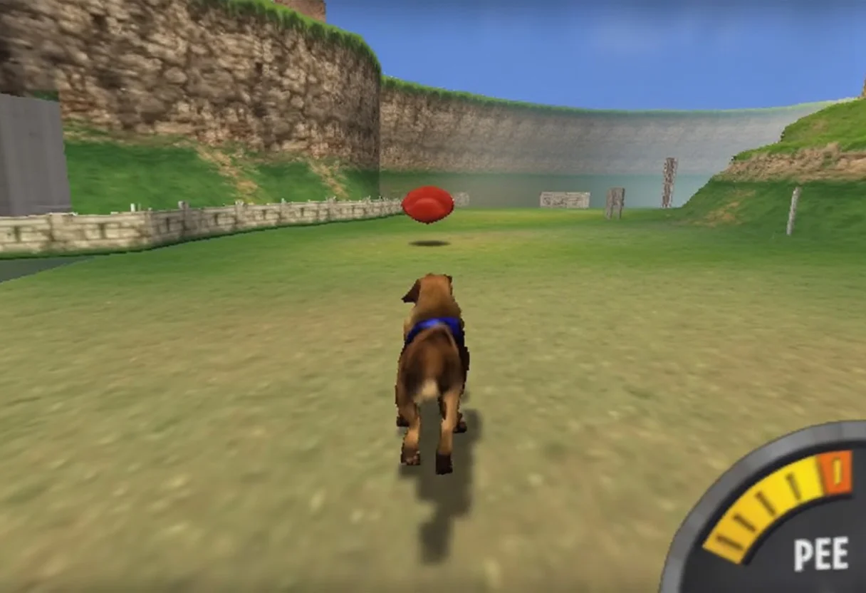 N64style, dog chasing a frisbee. yellow meter on bottom right labeled "pee". flat lighting, low resolution, crt scanlines, low poly