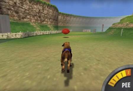 N64style, dog chasing a frisbee. yellow meter on bottom right labeled "pee". flat lighting, low resolution, crt scanlines, low poly