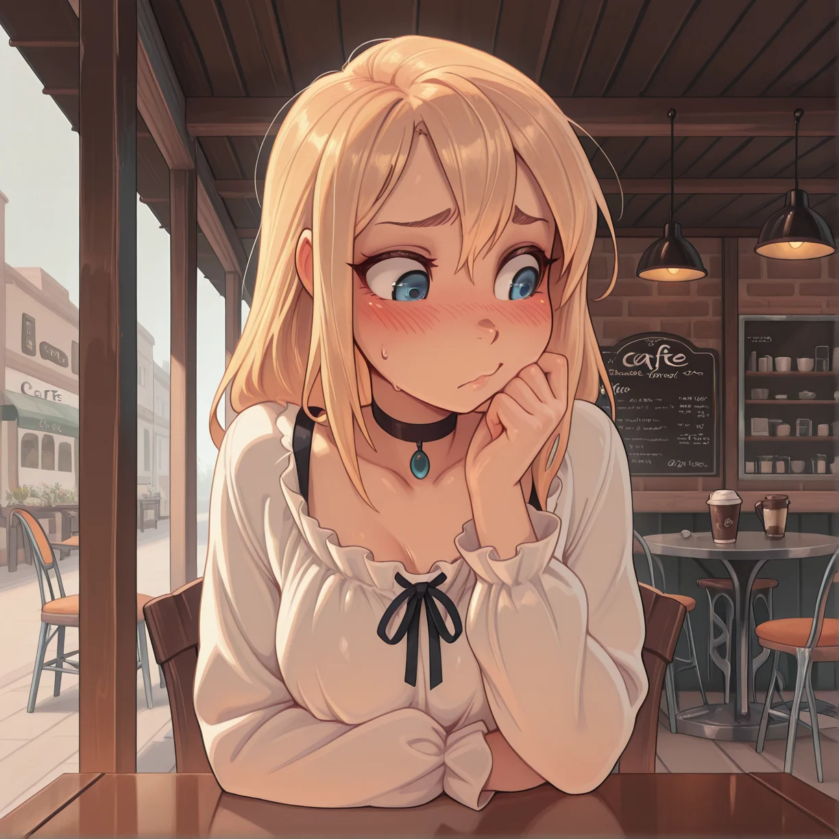 masterpiece, best quality, absurdres,
1girl, embarrassed, blush, long_hair, blonde_hair, blue eyes, sitting,
blouse, choker,
full_body, from front,
metal table, metal chairs, outside, cafe,