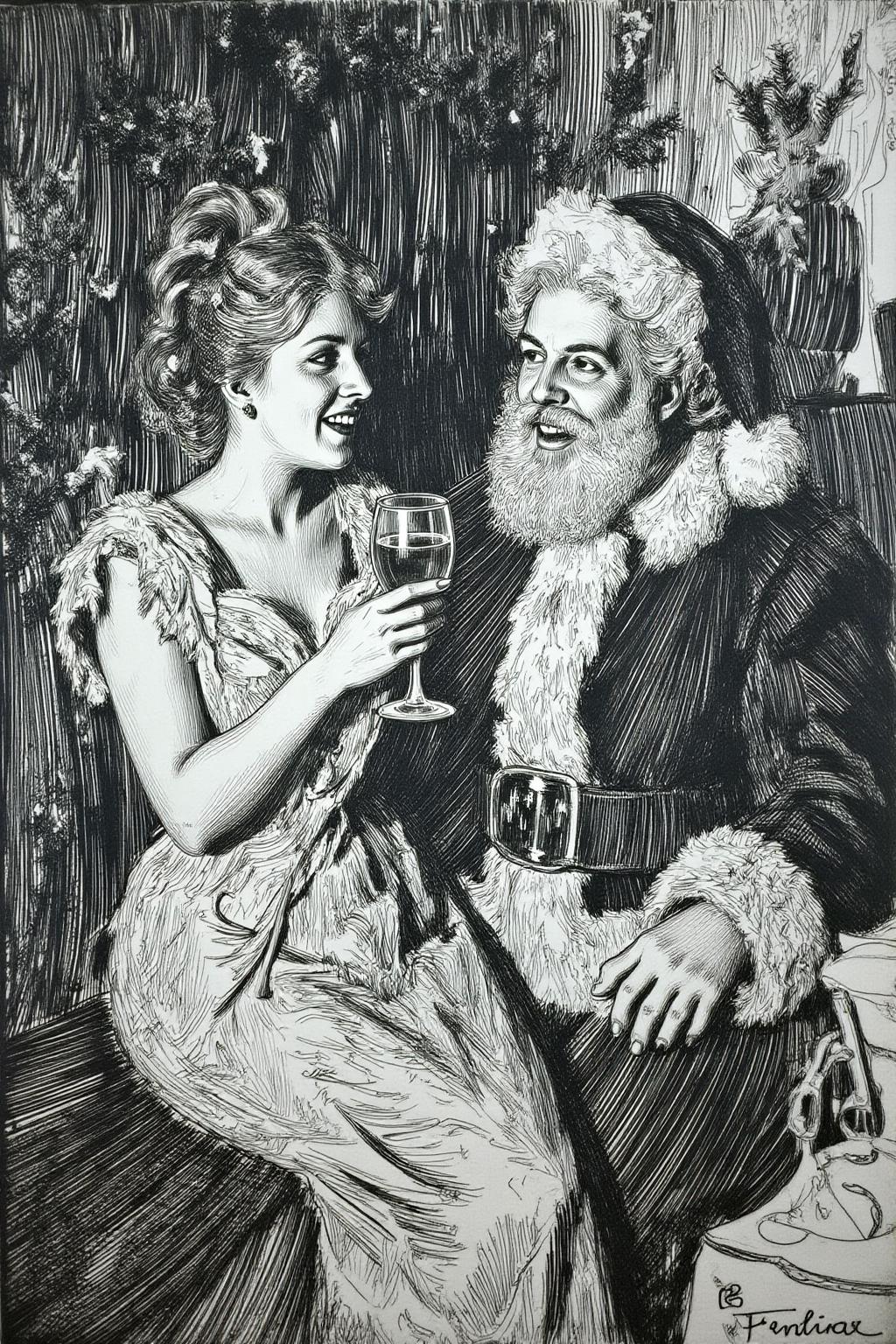anzo1 black and white etching.
A blonde woman in a night gown, sharing a glass of wine with Santa Clause under a Christmas Tree. <lora:anzo1_nocap_d6a3:1.0><lora:815137196236596330:0>