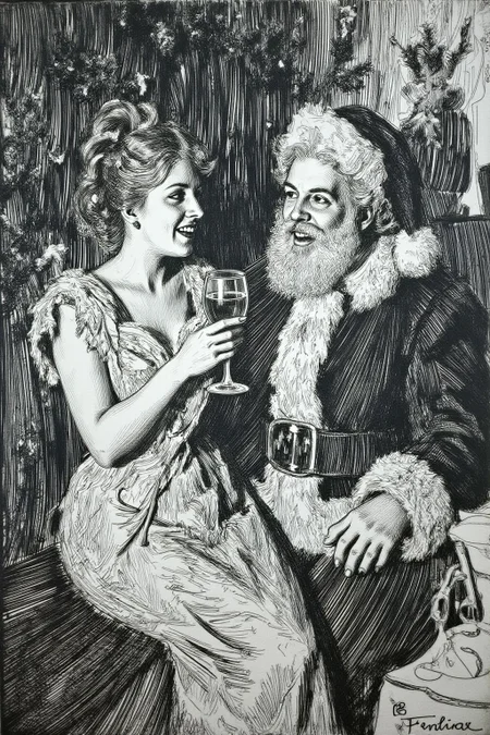 anzo1 black and white etching.
A blonde woman in a night gown, sharing a glass of wine with Santa Clause under a Christmas Tree. <lora:anzo1_nocap_d6a3:1.0><lora:815137196236596330:0>