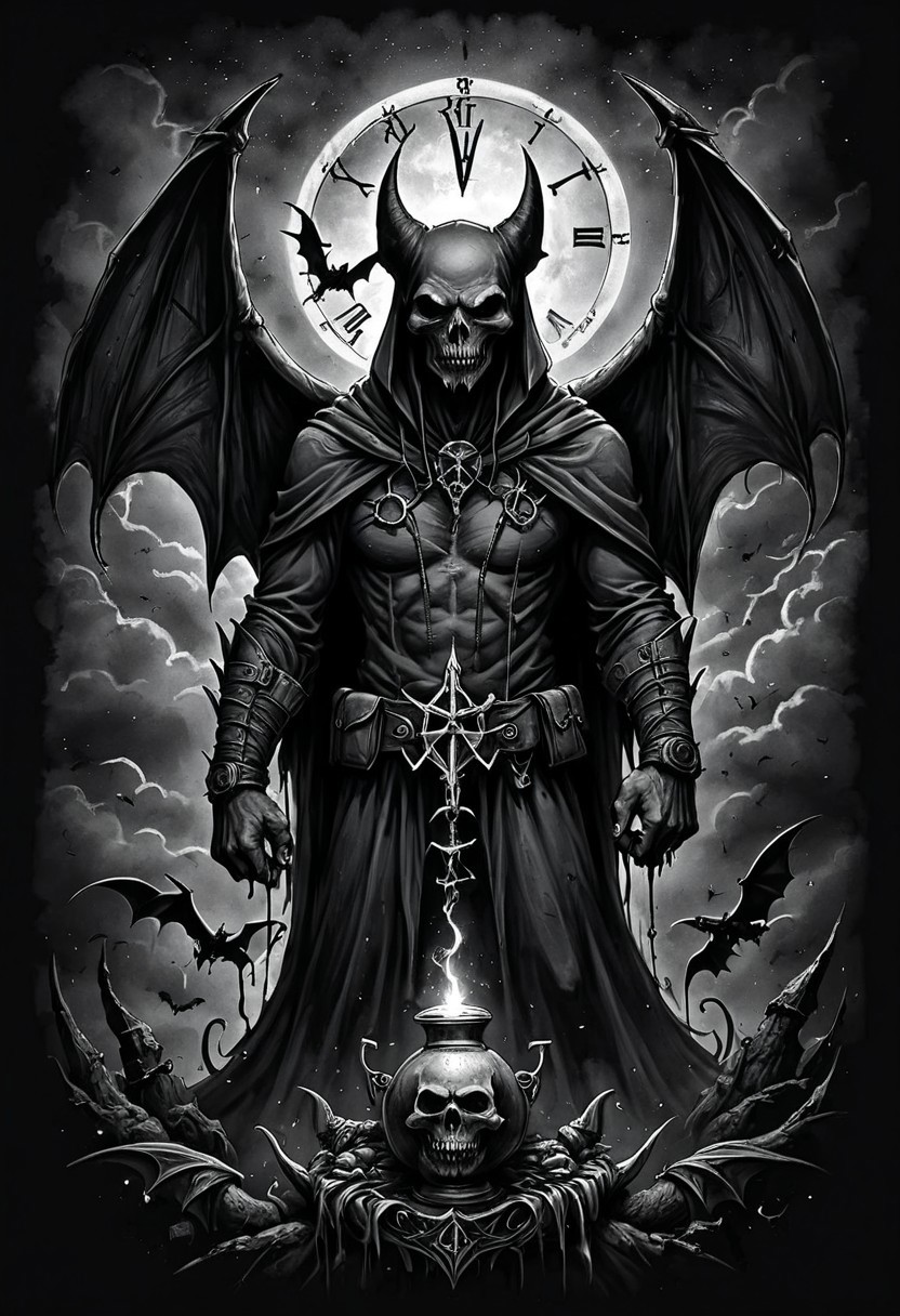 inksketch,
Beautiful with hour glass figure  Extremely Evil diabolical sinister satanic demonic occult, T-shirt design, aggressive flying bat holding wwii bomb, dark sky